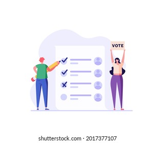 Agitation and Election Campaign. People Voting with Vote Box and Calling for Vote. Concept of Election Day, Making Choice, Balloting Paper, Democracy. Vector illustration for Background