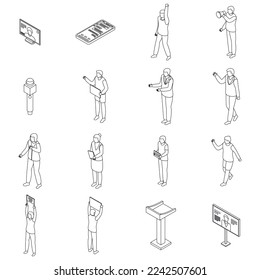 Agitation icons set. Isometric set of agitation vector icons for web design isolated on white background outline