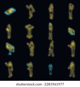 Agitation icons set. Isometric set of agitation vector icons neon color on black