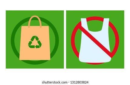 agitation using textile bag against bans on plastic bags. flat vector illustration isolated on green background