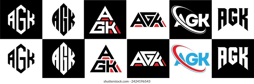 AGK letter logo design in six style. AGK polygon, circle, triangle, hexagon, flat and simple style with black and white color variation letter logo set in one artboard. AGK minimalist and classic logo