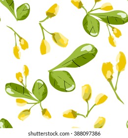 Aglaia odorata seamless pattern. Yellow flower hand drawn vector illustration. Perfume components.  Fragrance notes. Nature ingredients. Watercolor sketching.