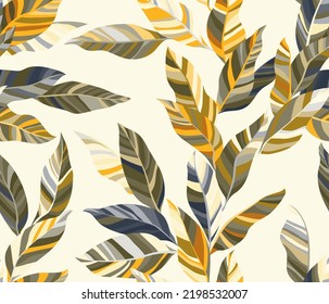 Aglaonema leaves floral vector seamless pattern. Exotic striped tropical foliage. Textile print with willow tree branches. Summer endless pattern with tropical leaves. Wallpaper cute design