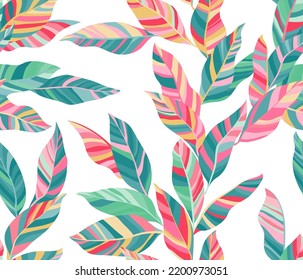 Aglaonema leaves floral vector seamless pattern. Exotic striped tropical foliage. Textile print with eucalyptus tree branches. Summer endless pattern with tropical leaves. Wallpaper cute design