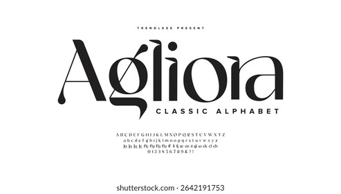 Agliora: Elegant serif font features beautiful ligatures for flowing typography. Perfect for fashion logos and luxury branding. Includes uppercase, lowercase, and numerals.