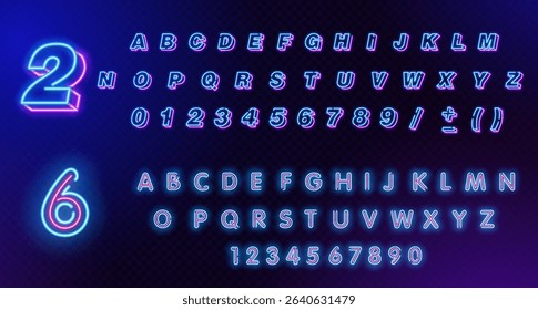 Aglow alphabet font. Two neon colors letters and numbers. Stock vector typescript for your design.