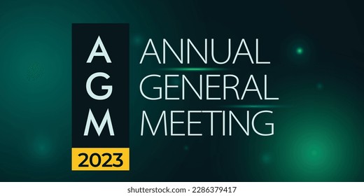 AGM. Annual General Meeting. 2023. Vector banner on green background. Concept of elegance with glare and glow.