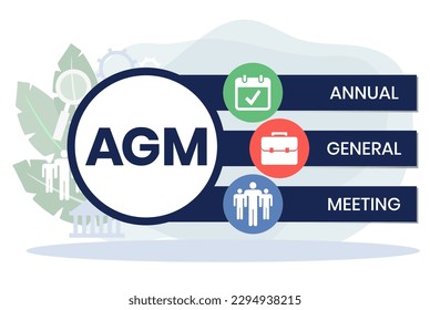 AGM - Annual General Meeting acronym, business concept. word lettering typography design illustration with line icons and ornaments. Internet web site promotion concept vector layout.