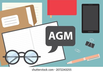 AGM (Annual General Meeting) written in speech bubble on office desk - vector illustration