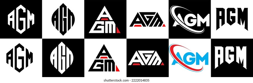 AGM letter logo design in six style. AGM polygon, circle, triangle, hexagon, flat and simple style with black and white color variation letter logo set in one artboard. AGM minimalist and classic logo