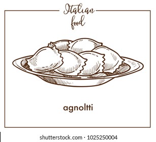 Agnolotti pasta sketch vector icon for Italian cuisine food menu design