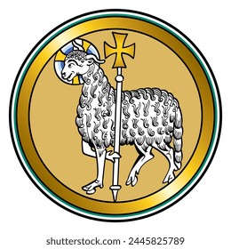 Agnus Dei, the Lamb of God, a medieval visual representation of Jesus as a lamb, carrying a halo and holding a standard with a cross, symbolizing the victory, as described in the Book of Revelation.