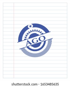 Ago emblem with pen effect. Blue ink. Vector Illustration. Detailed.