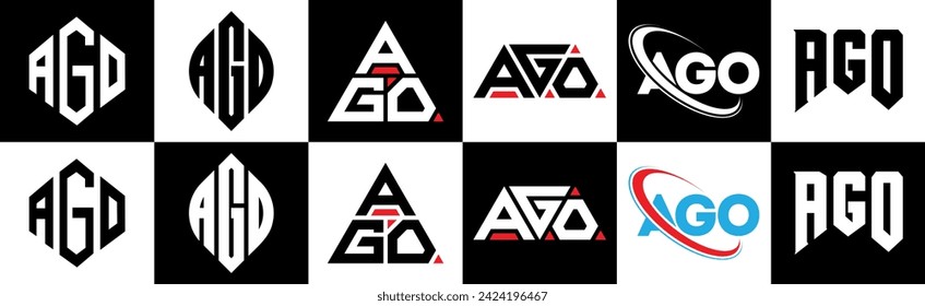 AGO letter logo design in six style. AGO polygon, circle, triangle, hexagon, flat and simple style with black and white color variation letter logo set in one artboard. AGO minimalist and classic logo