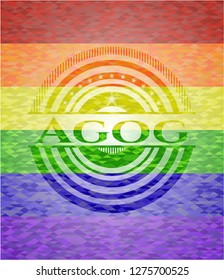 Agog emblem on mosaic background with the colors of the LGBT flag