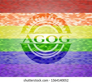 Agog emblem on mosaic background with the colors of the LGBT flag