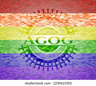 Agog emblem on mosaic background with the colors of the LGBT flag. 