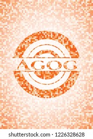 Agog orange tile background illustration. Square geometric mosaic seamless pattern with emblem inside.