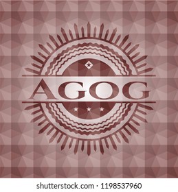 Agog red emblem or badge with abstract geometric pattern background. Seamless.