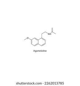 Agomelatine flat skeletal molecular structure Atypical antidepressant drug used in Depression, anxiety treatment. Vector illustration.