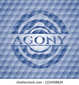 Agony blue emblem with geometric pattern background.
