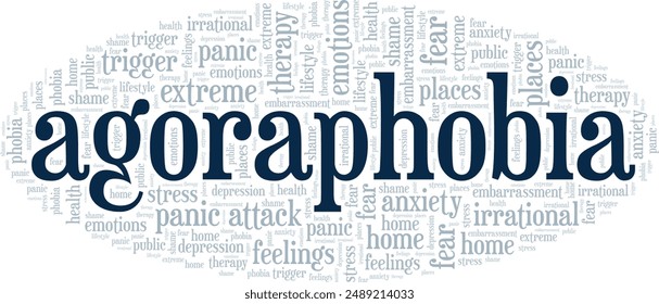 Agoraphobia: Fear of Going Outside word cloud conceptual design isolated on white background.