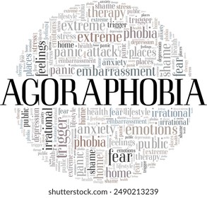 Agoraphobia: Fear of Going Outside word cloud conceptual design isolated on white background.