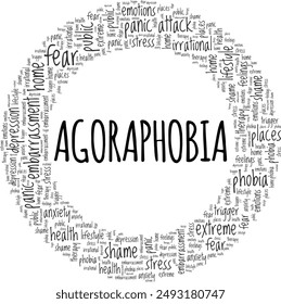 Agoraphobia: Fear of Going Outside word cloud conceptual design isolated on white background.