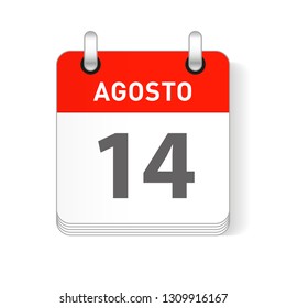 Agosto 14, August 14 date visible on a page a day organizer calendar in spanish Language