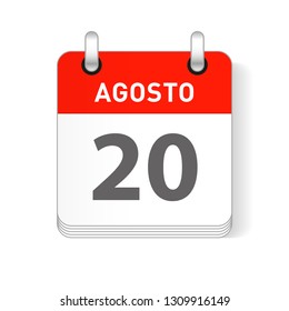 Agosto 20, August 20 date visible on a page a day organizer calendar in spanish Language