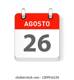 Agosto 26, August 26 date visible on a page a day organizer calendar in spanish Language