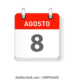 Agosto 8, August 8 date visible on a page a day organizer calendar in spanish Language