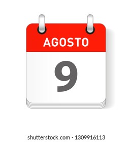 Agosto 9, August 9 date visible on a page a day organizer calendar in spanish Language
