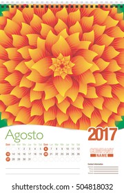 Agosto -August in Spanish language- wall calendar 2017 template with abstract floral design, ready for printing. Size: 297mm x 420mm. Format vertical. Spanish version