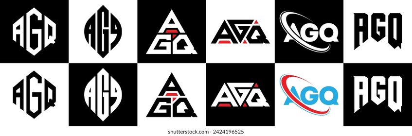 AGQ letter logo design in six style. AGQ polygon, circle, triangle, hexagon, flat and simple style with black and white color variation letter logo set in one artboard. AGQ minimalist and classic logo