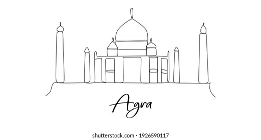 Agra city of India landmarks skyline - Continuous one line drawing