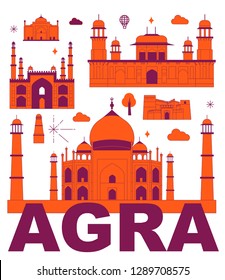 Agra culture travel set, famous architectures and specialties in flat design. Business travel and tourism concept clipart. Image for presentation, banner, website, advert, flyer, roadmap, icons