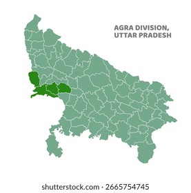 División de Agra destacada en el mapa estatal de Uttar Pradesh de la India