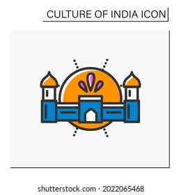  Agra fort color icon. Red majestic stone fortress, Mughal monument. World heritage. Indian landmark. Indian culture, esthetics,traditions and customs.Isolated vector illustration