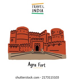 Agra fort India landmark Hand drawn color illustration