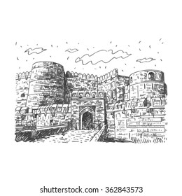 The Agra Fort, Agra, Uttar Pradesh, India. Vector freehand pencil sketch. 