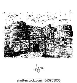 The Agra Fort, Agra, Uttar Pradesh, India. Vector freehand pencil sketch. 