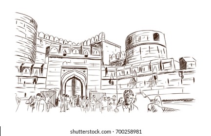 Agra fort in vector sketch illustration. Hand drawn sketch.