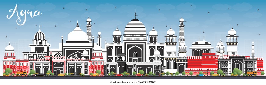Agra India City Skyline with Color Buildings and Blue Sky. Vector Illustration. Business Travel and Tourism Concept with Historic Architecture. Agra Uttar Pradesh Cityscape with Landmarks.