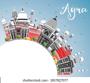 Agra India City Skyline with Color Buildings, Blue Sky and Copy Space. Vector Illustration. Business Travel and Tourism Concept with Historic Architecture. Agra Uttar Pradesh Cityscape with Landmarks.