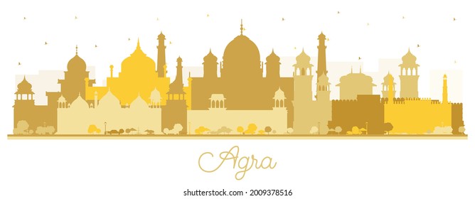 Agra India City Skyline Silhouette with Golden Buildings Isolated on White. Vector Illustration. Tourism Concept with Historic Architecture. Agra Uttar Pradesh Cityscape with Landmarks.