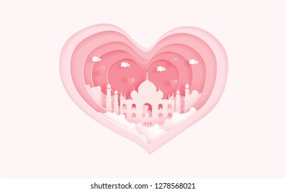 Agra, India famous landmarks in love concept with heart shape. Valentine's card and travel advertising for couple. Paper cut style vector illustration.