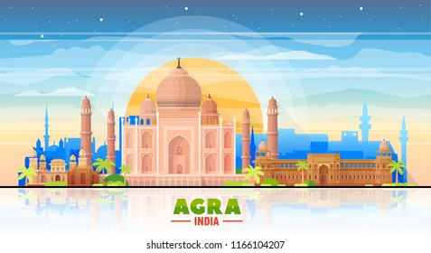 Agra India skyline with panorama in sky background. Vector Illustration. Business travel and tourism concept with modern buildings. Image for banner or web site.