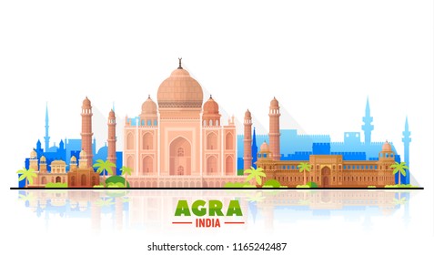 Agra India skyline with panorama in white background. Vector Illustration. Business travel and tourism concept with modern buildings. Image for banner or web site.