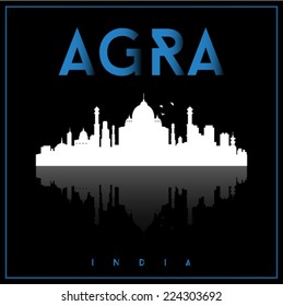 Agra, India, skyline silhouette vector design on parliament blue and black background.